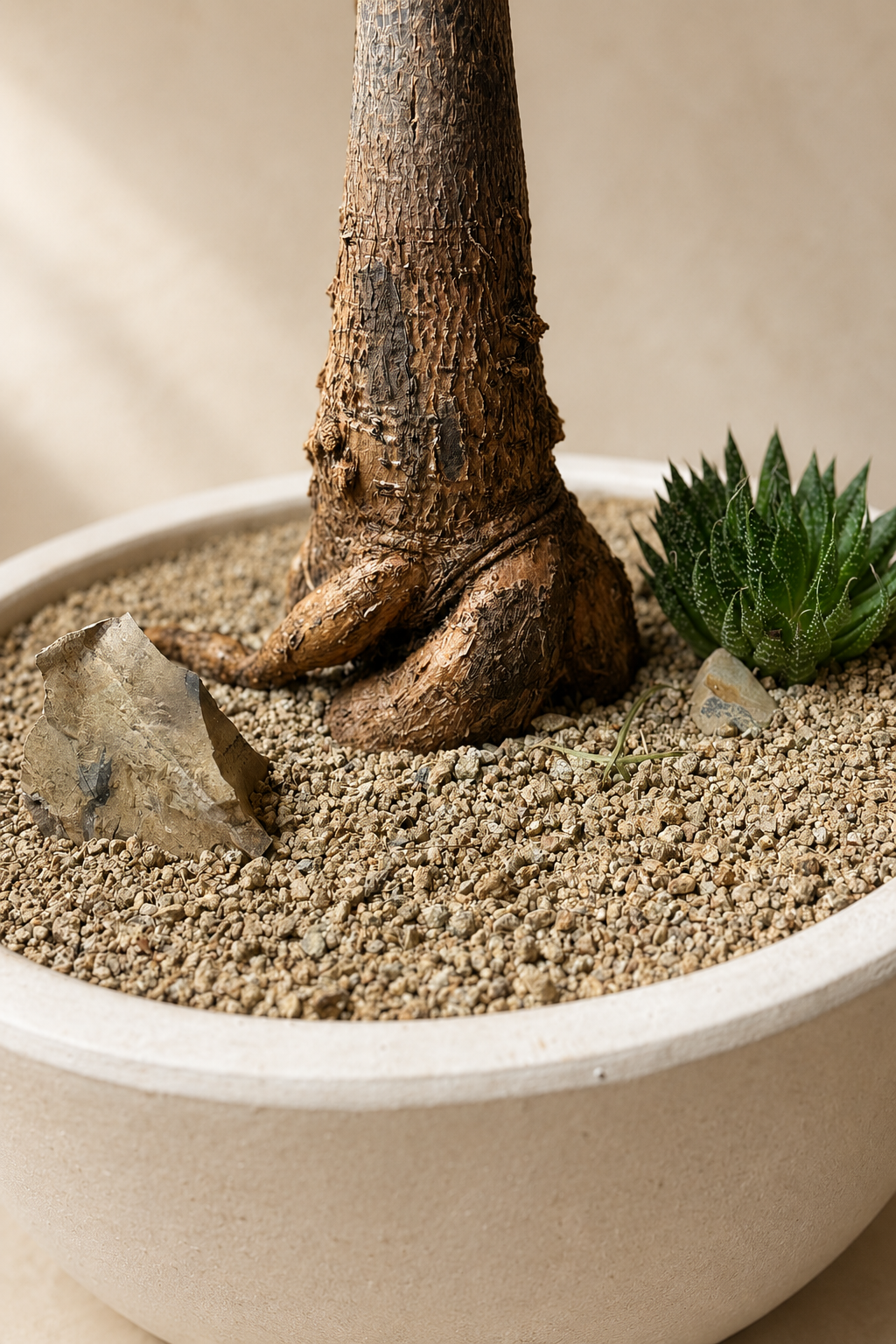 Close-up of Queensland Bottle Tree trunk and Wide Alabaster bowl planter